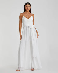 White Flowy Faux Wrap Jumpsuit