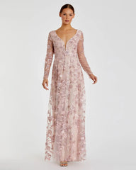 Pink Floral Applique Long Sleeve Illusion Gown