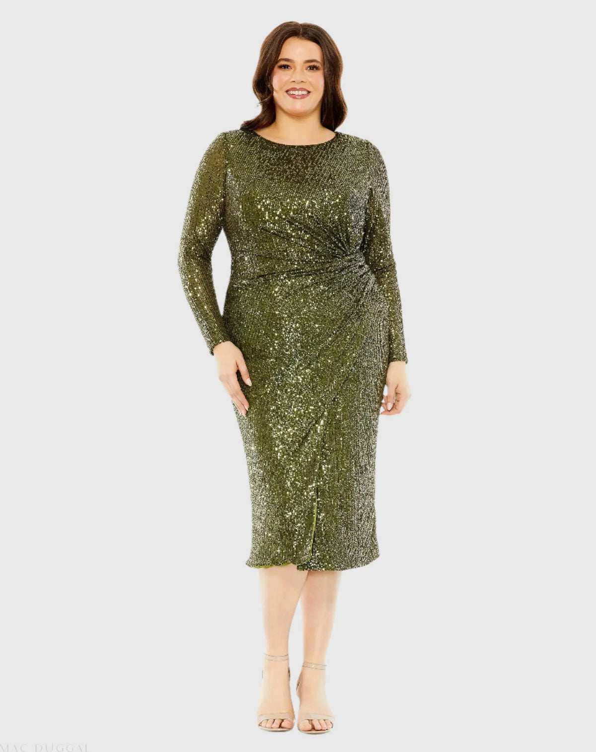 Green Long Sleeve Sequin Gathered Waist Dress - FINAL SALE
