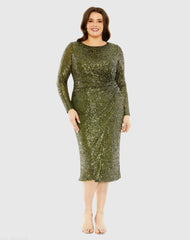 Green Long Sleeve Sequin Gathered Waist Dress - FINAL SALE
