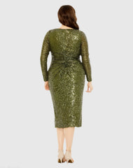Green Long Sleeve Sequin Gathered Waist Dress - FINAL SALE