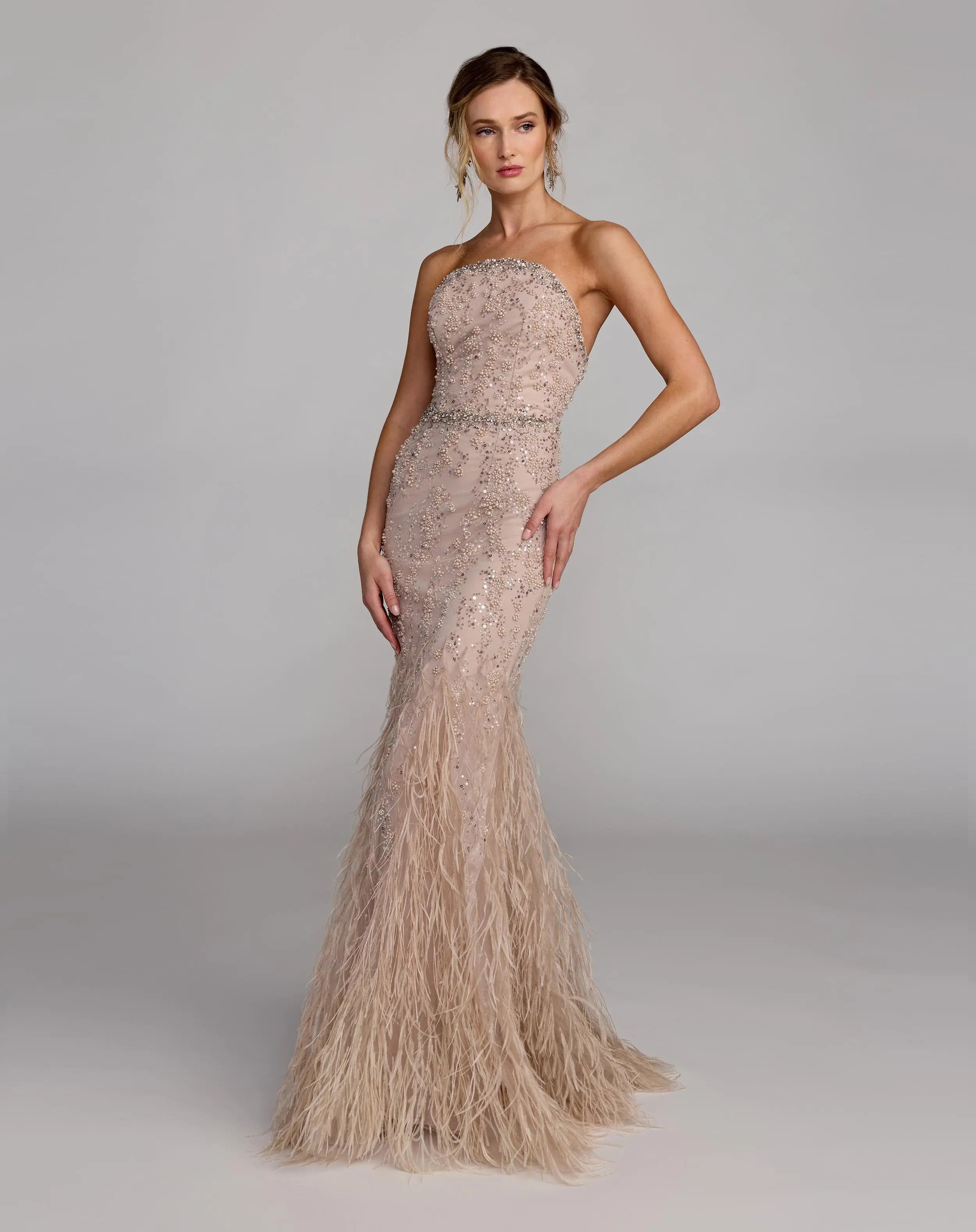 Beige Strapless Embellished Mermaid Gown With Feather Hem