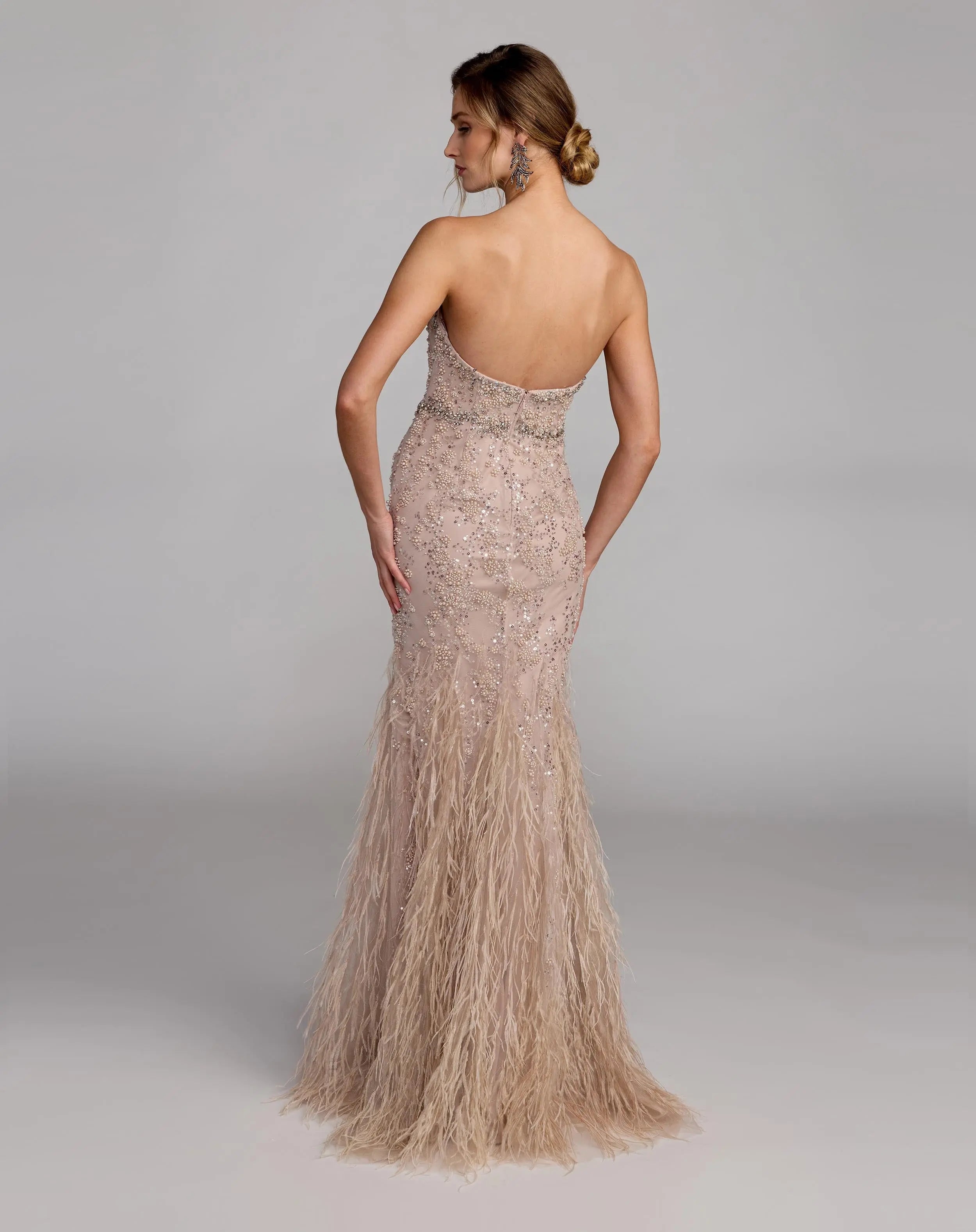 Beige Strapless Embellished Mermaid Gown With Feather Hem