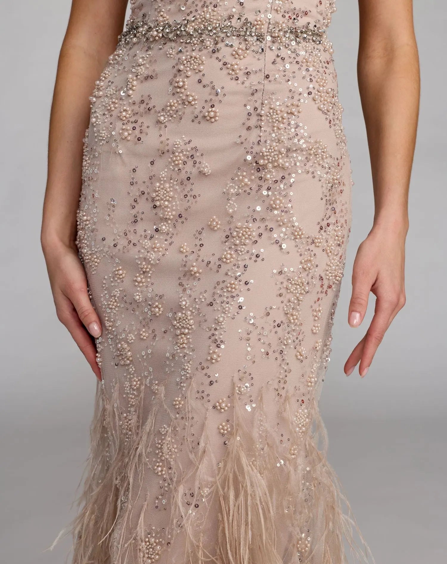 Beige Strapless Embellished Mermaid Gown With Feather Hem
