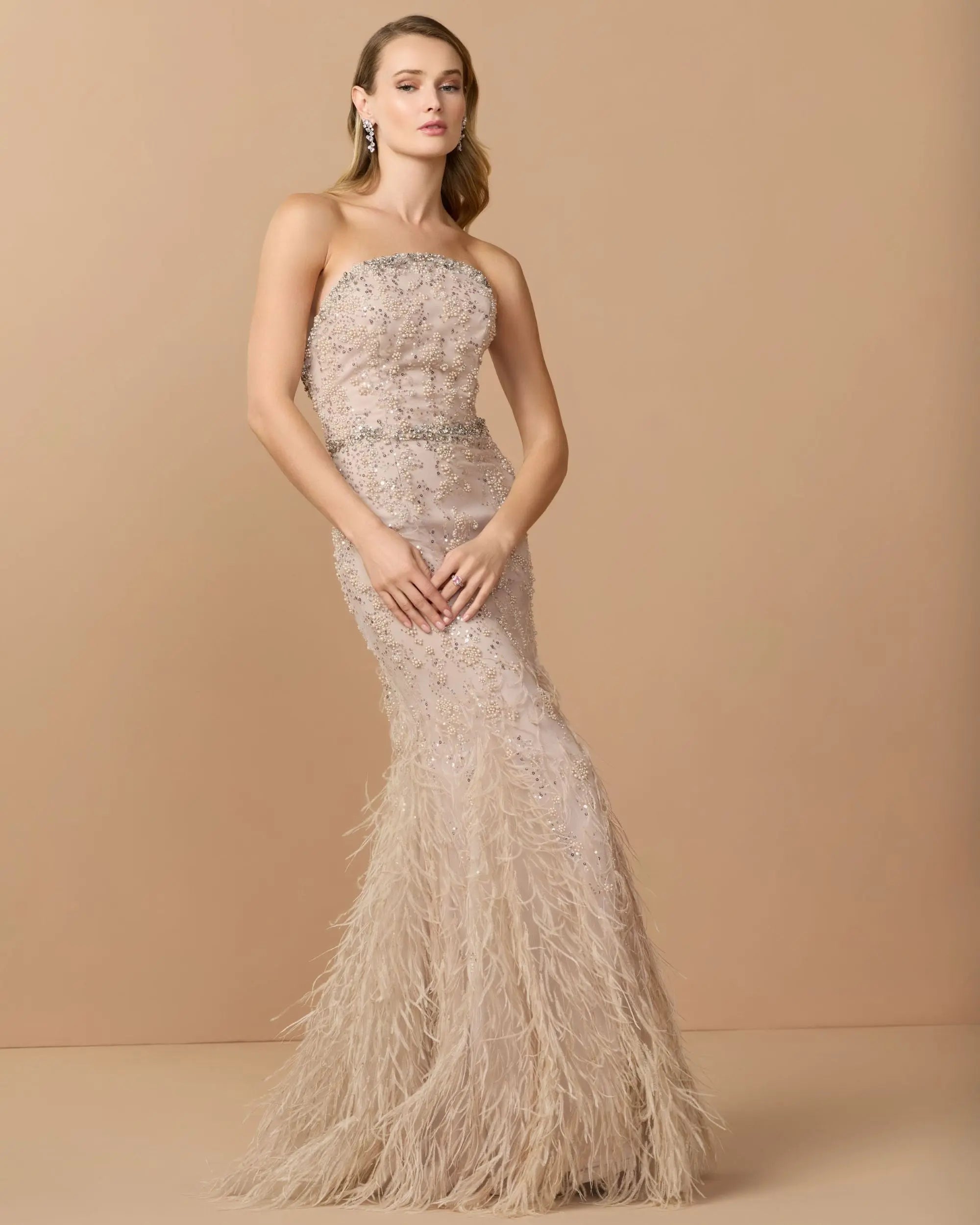 Beige Strapless Embellished Mermaid Gown With Feather Hem