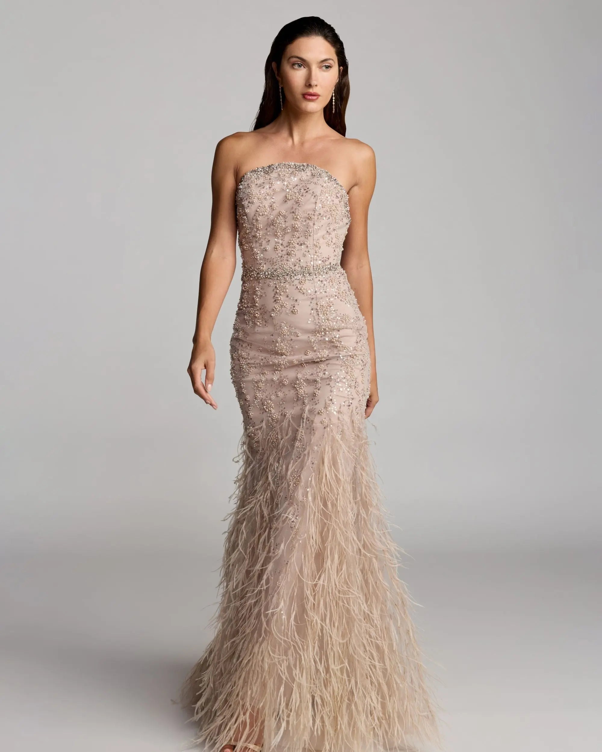 Beige Strapless Embellished Mermaid Gown With Feather Hem