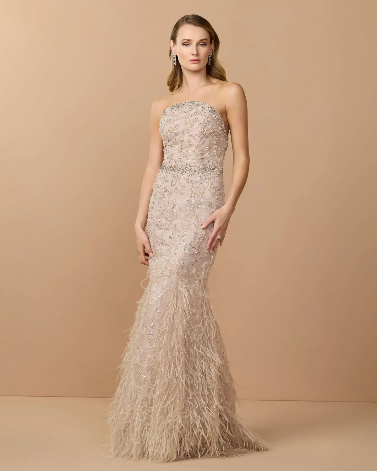 Beige Strapless Embellished Mermaid Gown With Feather Hem