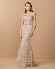 Beige Strapless Embellished Mermaid Gown With Feather Hem