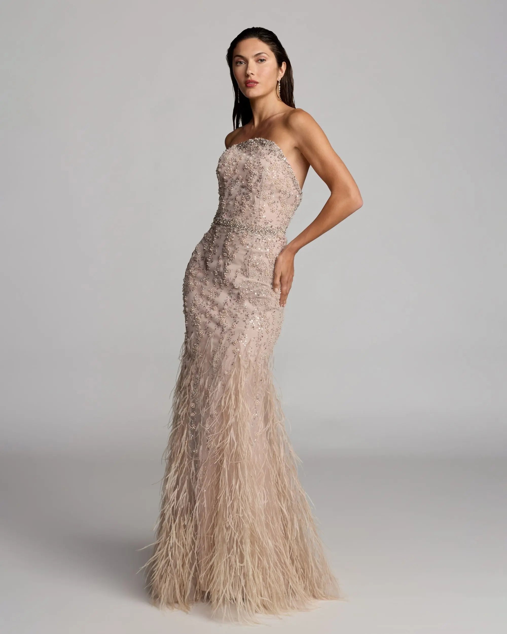 Beige Strapless Embellished Mermaid Gown With Feather Hem