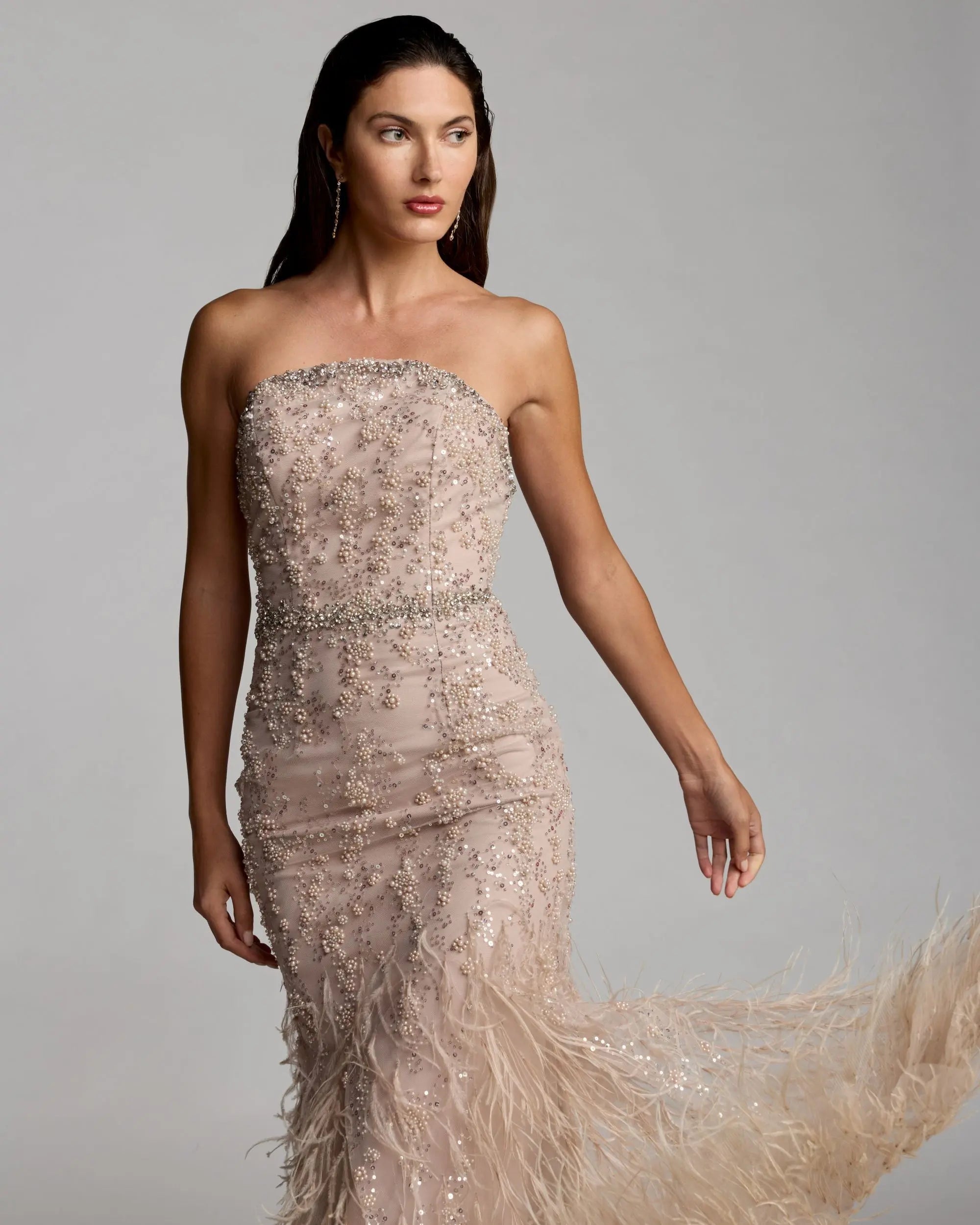 Beige Strapless Embellished Mermaid Gown With Feather Hem