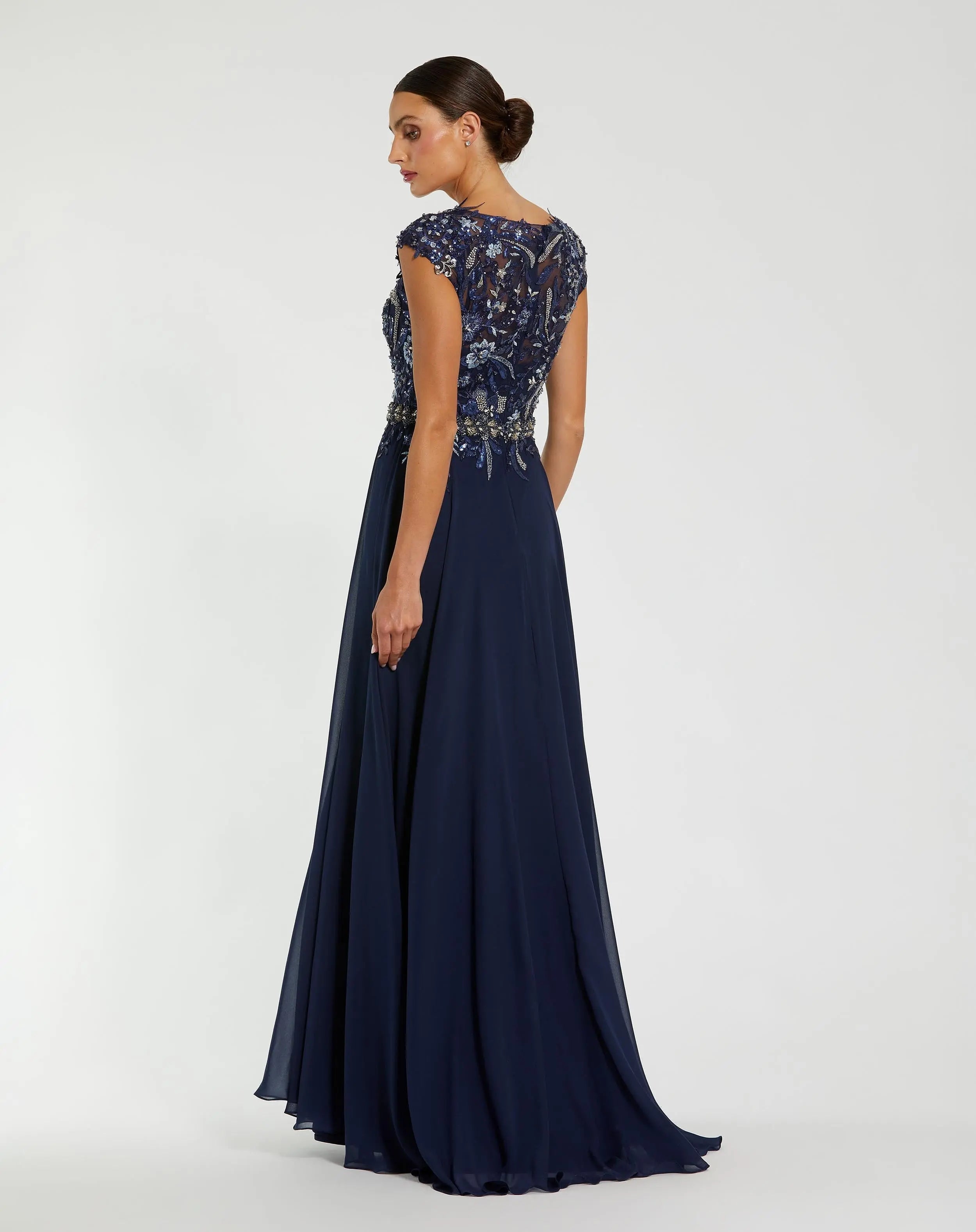 Navy Embellished Chiffon Cap Sleeve A-Line Gown
