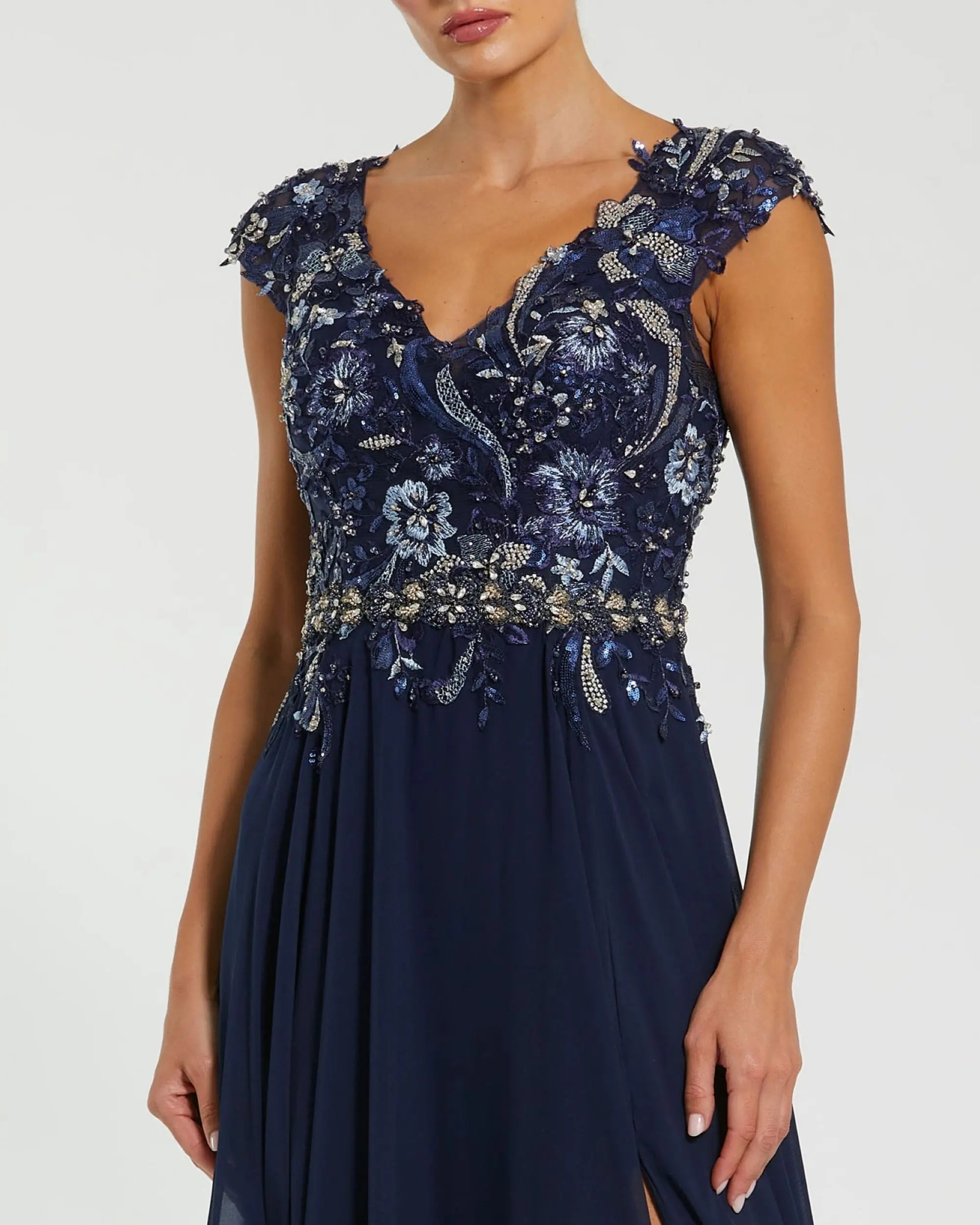 Navy Embellished Chiffon Cap Sleeve A-Line Gown