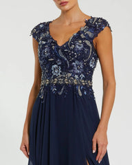 Navy Embellished Chiffon Cap Sleeve A-Line Gown