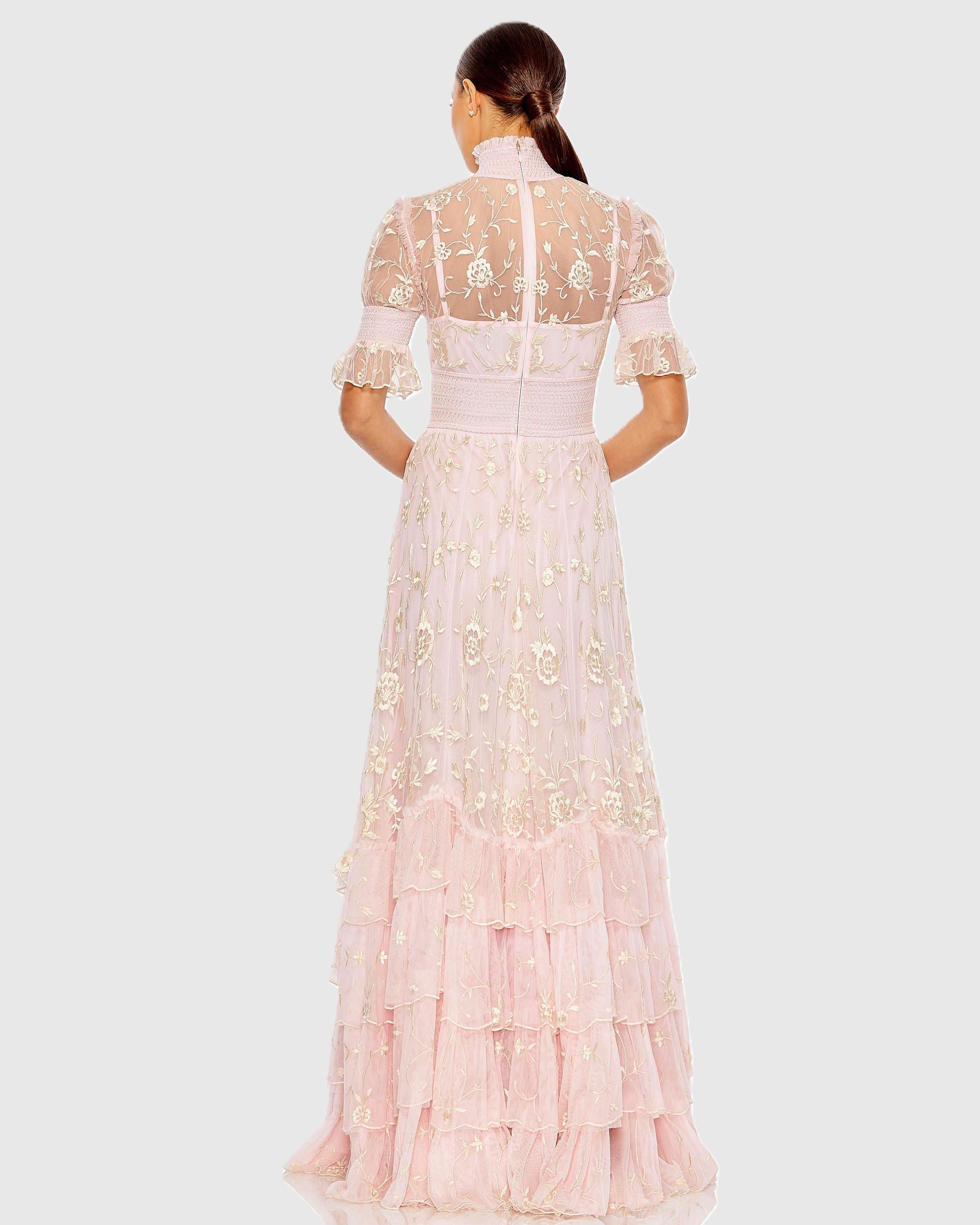 Pink Floral Embroidered Smock Neck Tiered Ruffle Dress