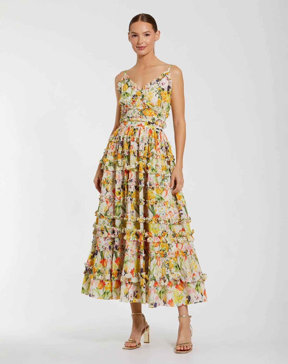 Yellow Floral Printed Micro Ruffle Cotton Midi Dress