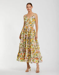 Yellow Floral Printed Micro Ruffle Cotton Midi Dress