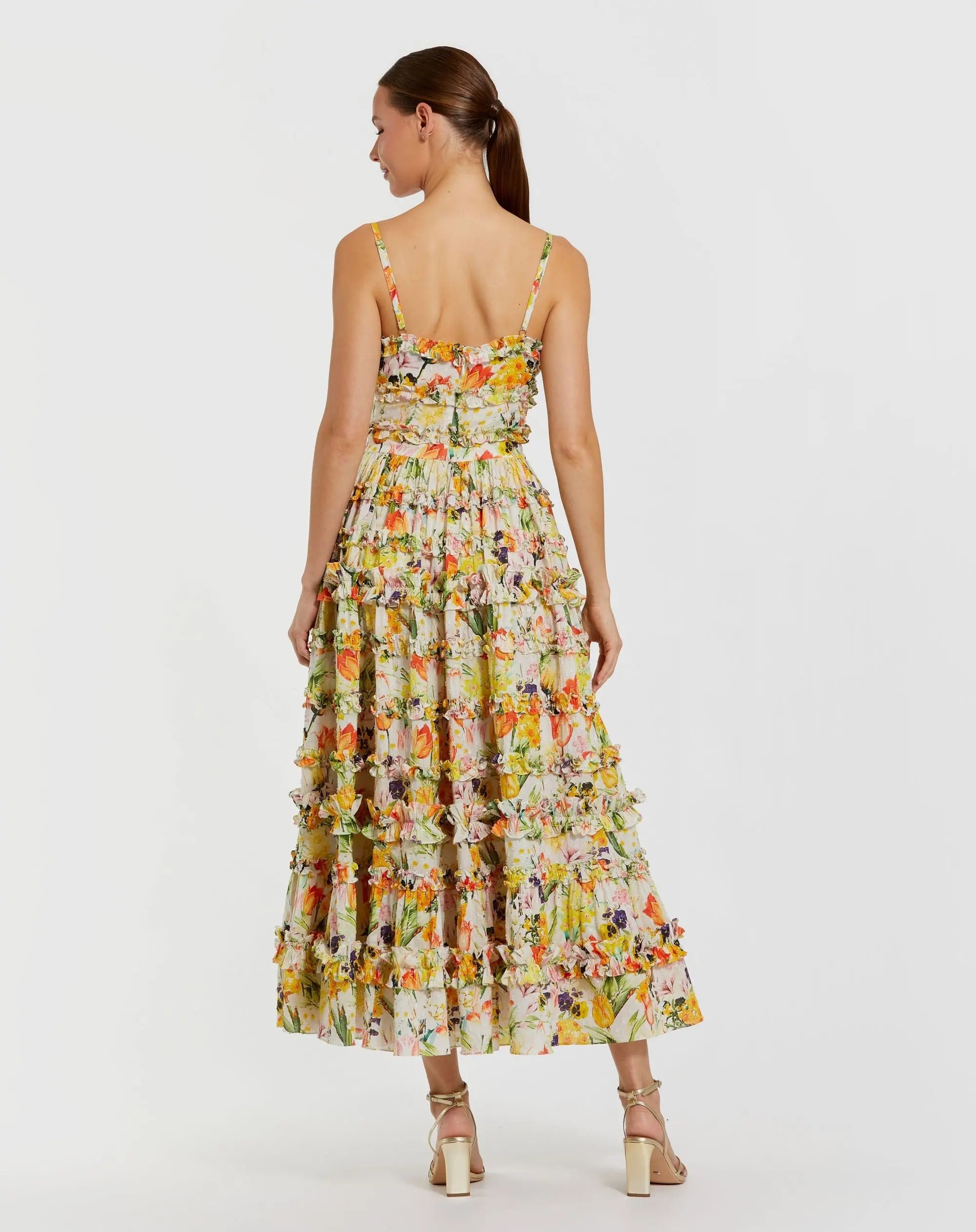 Yellow Floral Printed Micro Ruffle Cotton Midi Dress