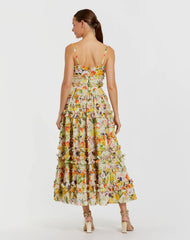 Yellow Floral Printed Micro Ruffle Cotton Midi Dress