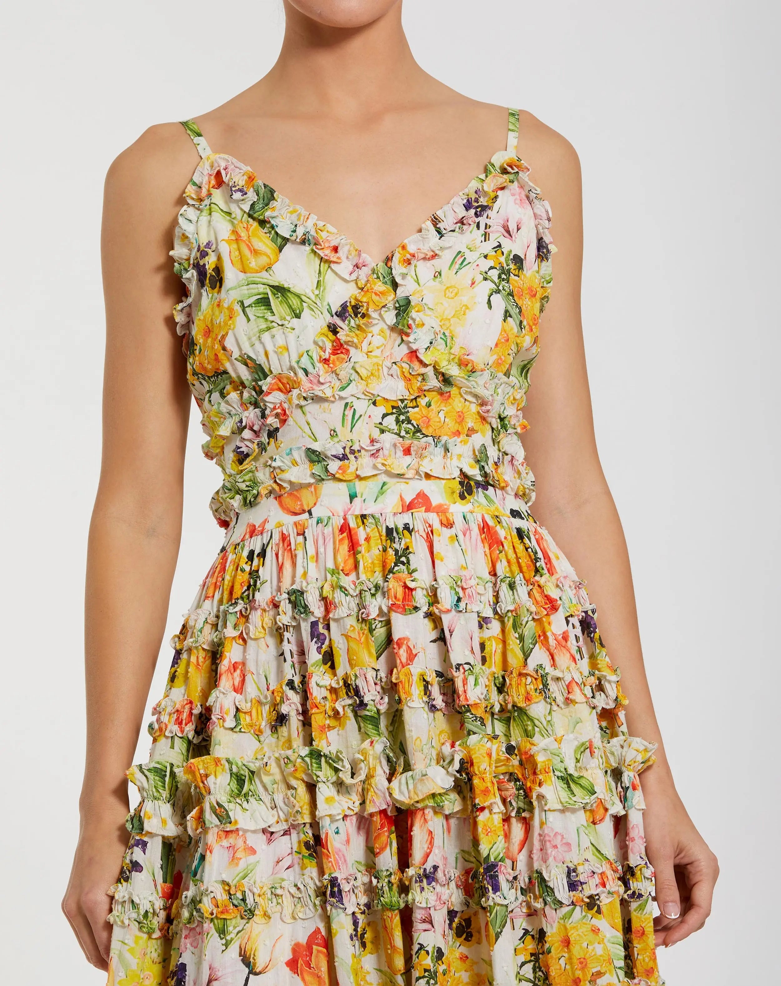 Yellow Floral Printed Micro Ruffle Cotton Midi Dress