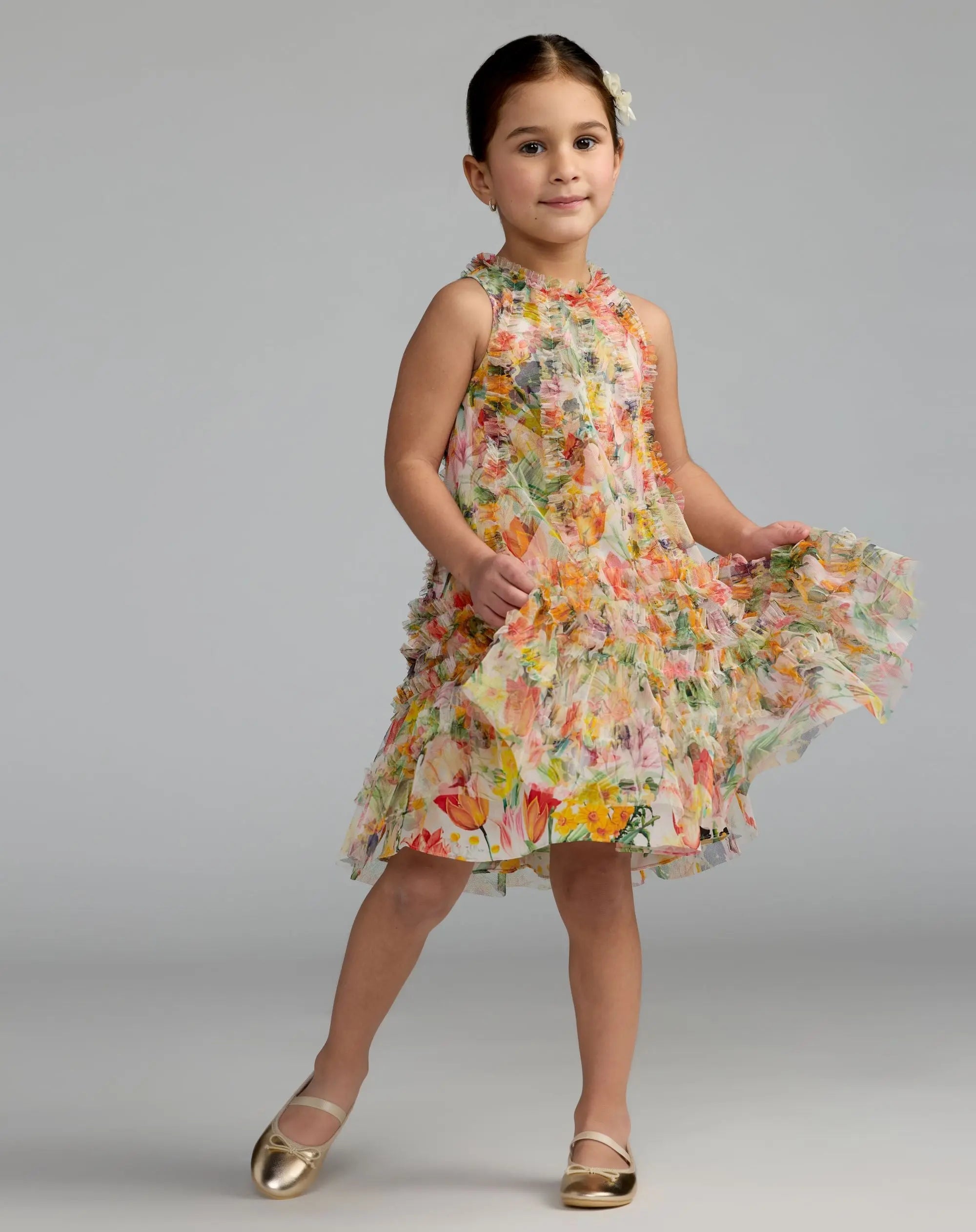 Girls Yellow Floral Printed Ruffle Mini Dress
