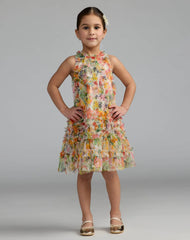 Girls Yellow Floral Printed Ruffle Mini Dress