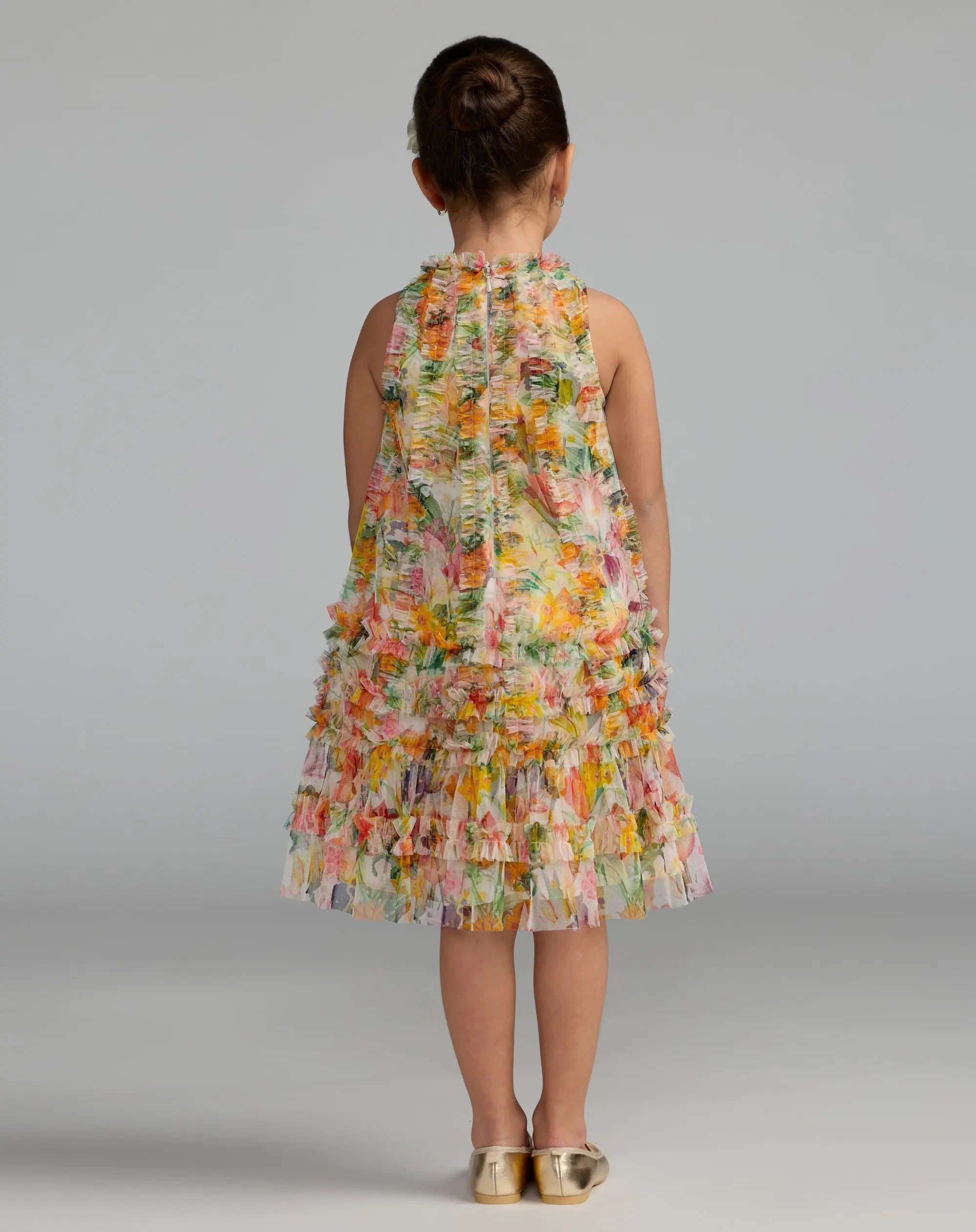 Girls Yellow Floral Printed Ruffle Mini Dress