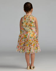 Girls Yellow Floral Printed Ruffle Mini Dress