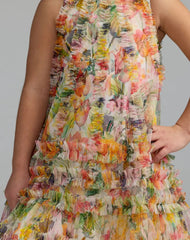 Girls Yellow Floral Printed Ruffle Mini Dress