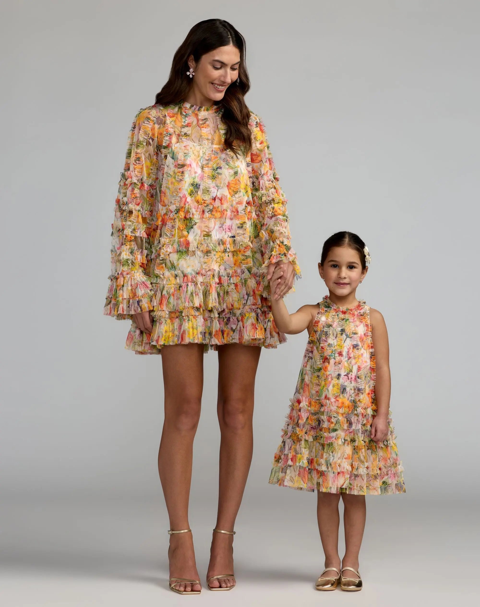 Girls Yellow Floral Printed Ruffle Mini Dress