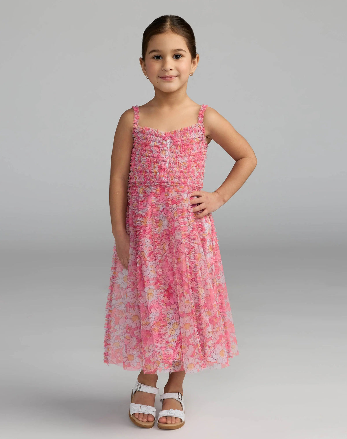 Girls Pink Floral Print Ruffle Mini Dress