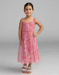 Girls Pink Floral Print Ruffle Mini Dress