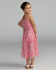 Girls Pink Floral Print Ruffle Mini Dress