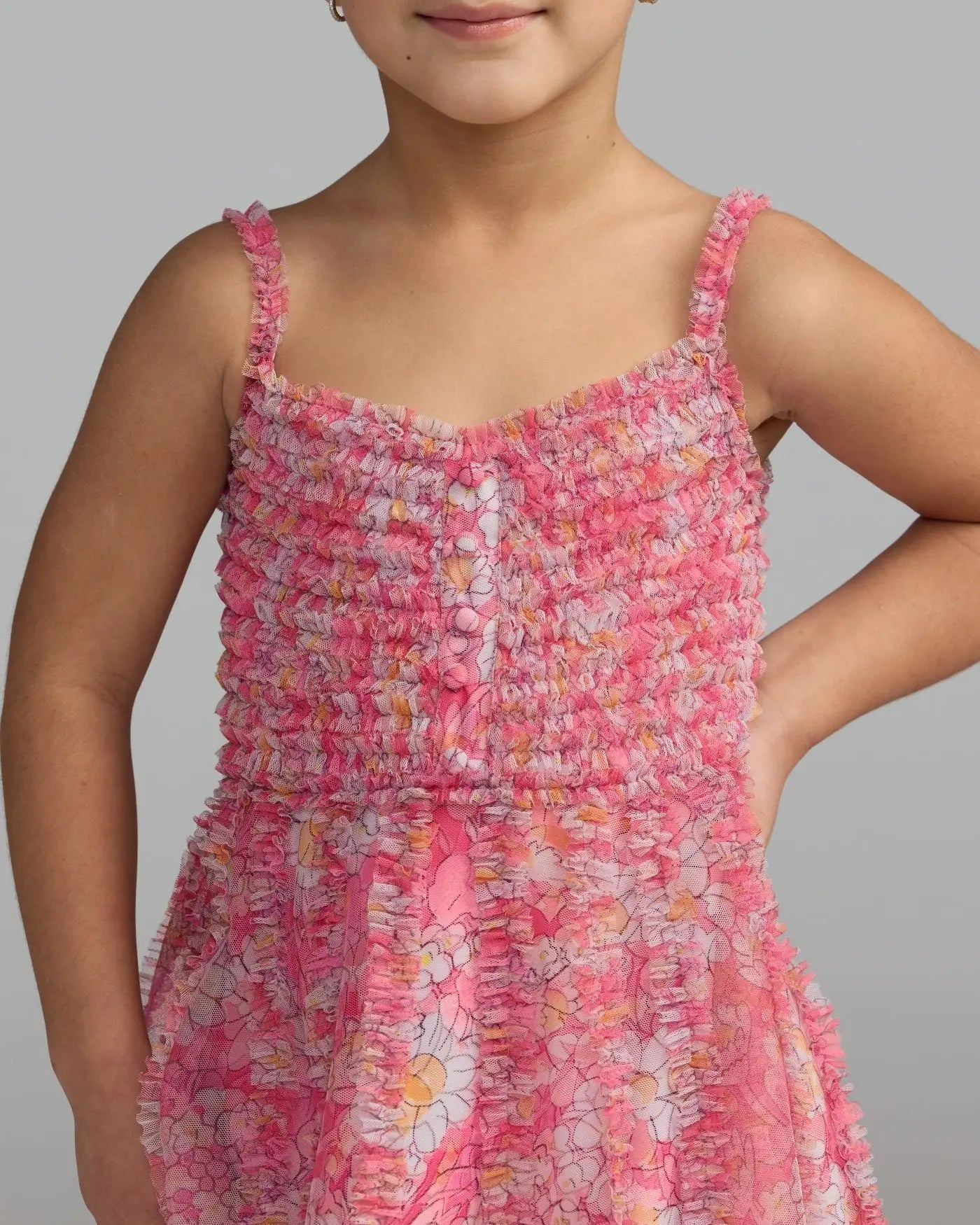 Girls Pink Floral Print Ruffle Mini Dress