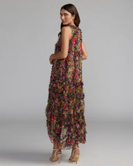 Multicolor Sleeveless Floral Micro Ruffle Trapeze Midi Dress