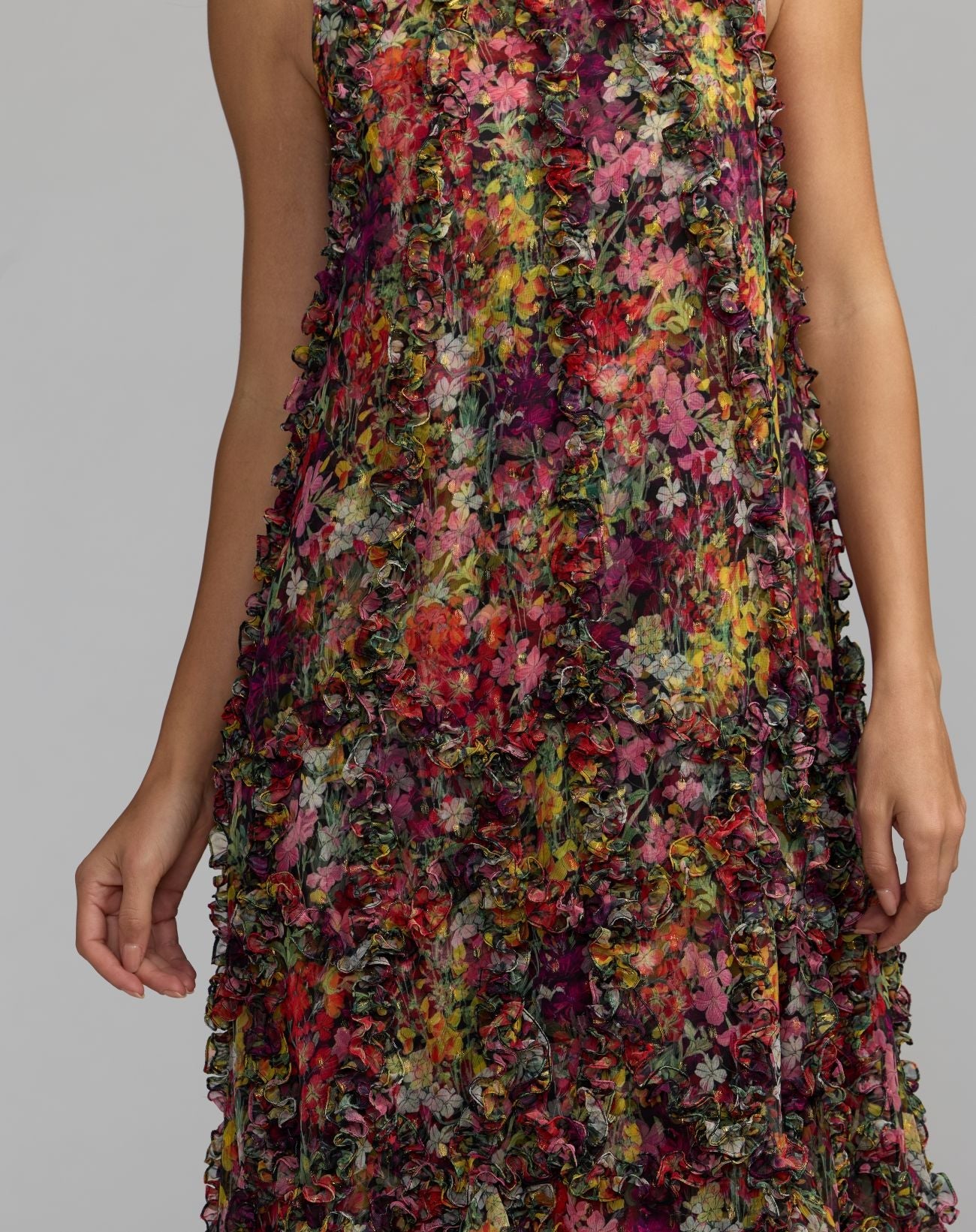 Multicolor Sleeveless Floral Micro Ruffle Trapeze Midi Dress