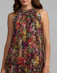 Multicolor Sleeveless Floral Micro Ruffle Trapeze Midi Dress