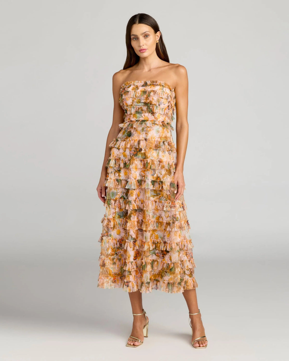 Strapless Floral Micro Ruffle Dress