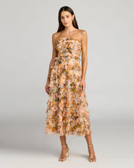 Strapless Floral Micro Ruffle Dress