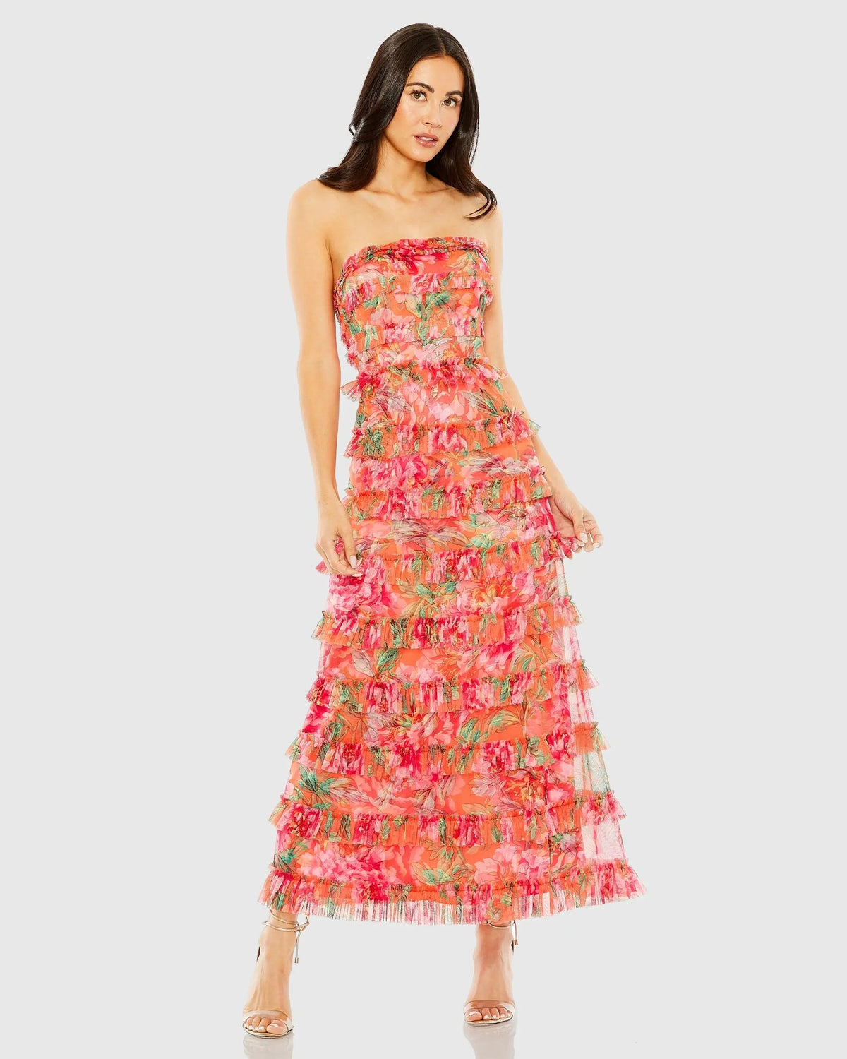 Multicolor Strapless Floral Micro Ruffle Maxi Dress