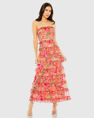 Multicolor Strapless Floral Micro Ruffle Maxi Dress
