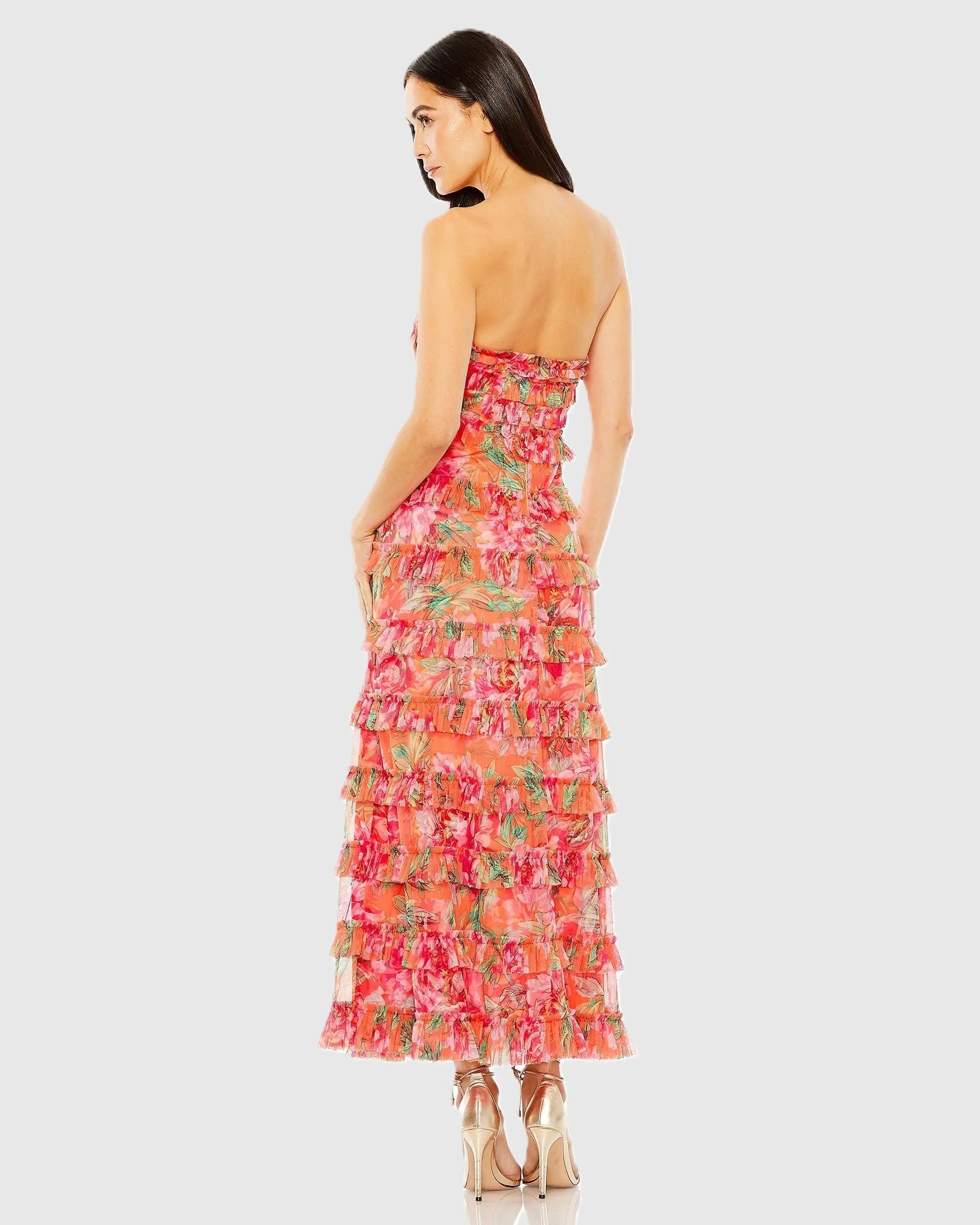 Multicolor Strapless Floral Micro Ruffle Maxi Dress