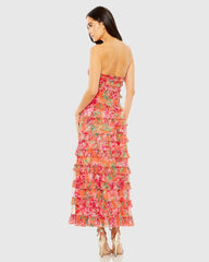 Multicolor Strapless Floral Micro Ruffle Maxi Dress