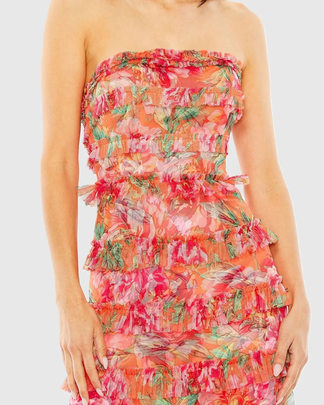 Multicolor Strapless Floral Micro Ruffle Maxi Dress