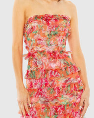 Multicolor Strapless Floral Micro Ruffle Maxi Dress