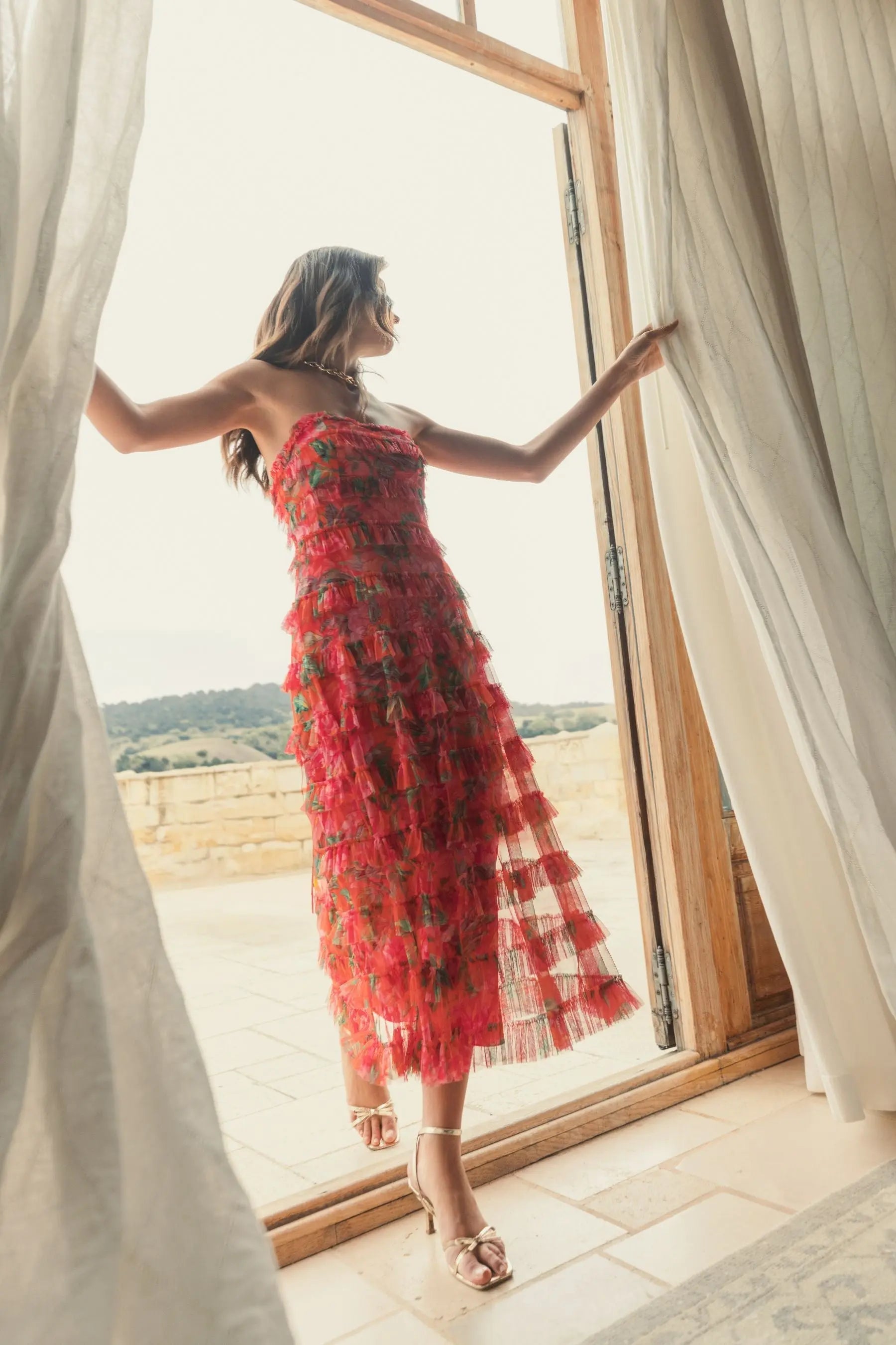 Multicolor Strapless Floral Micro Ruffle Maxi Dress