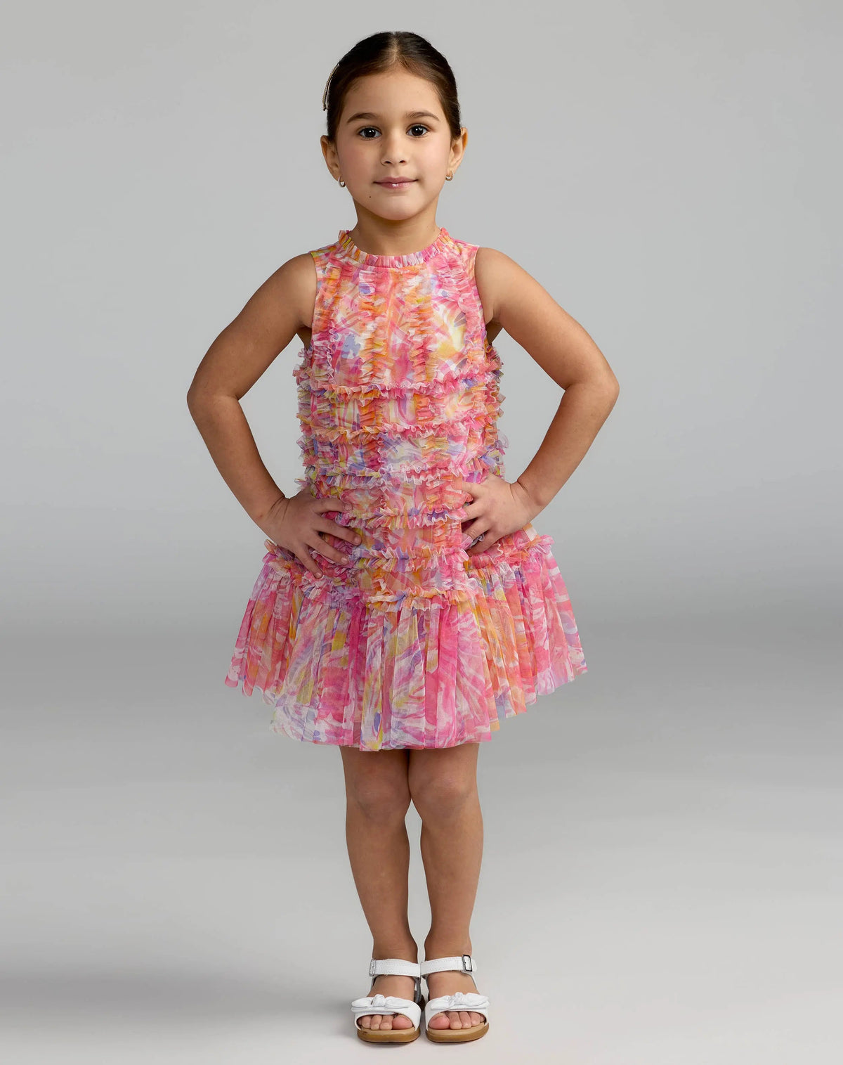 Girls Multicolor Floral High Neck Sleeveless Ruffled Dress