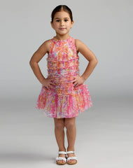 Girls Multicolor Floral High Neck Sleeveless Ruffled Dress