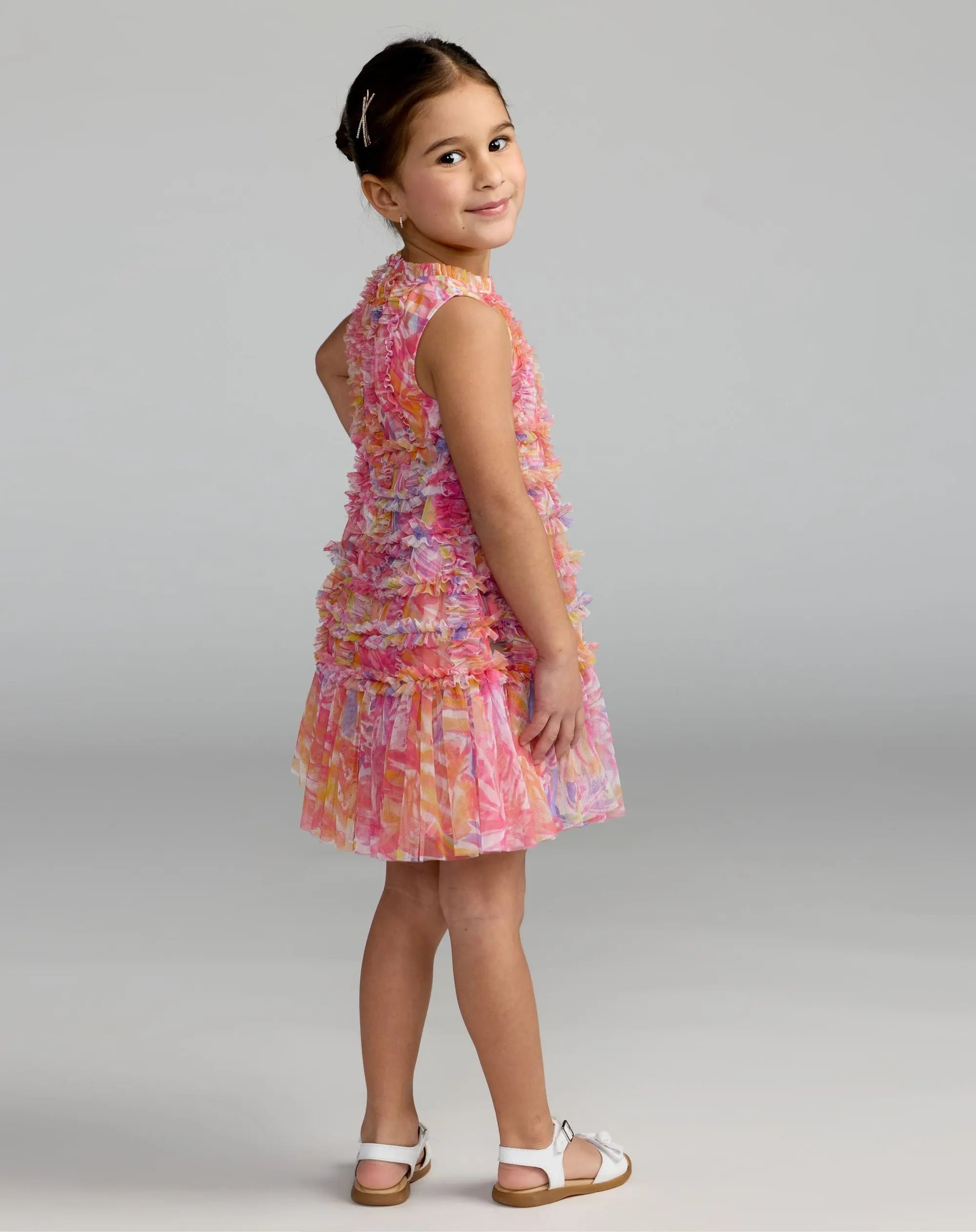 Girls Multicolor Floral High Neck Sleeveless Ruffled Dress