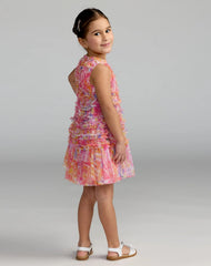 Girls Multicolor Floral High Neck Sleeveless Ruffled Dress
