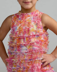 Girls Multicolor Floral High Neck Sleeveless Ruffled Dress